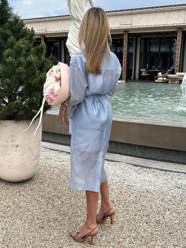 Elegant Long Sleeve Shirt With High Waist Midi Slit Skirt Two Piece Set - Image 4