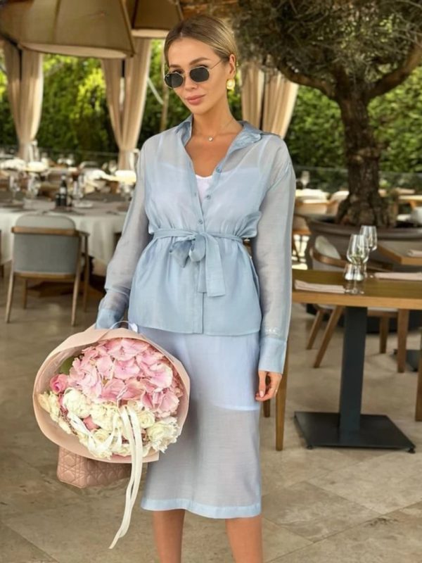 Elegant Long Sleeve Shirt With High Waist Midi Slit Skirt Two Piece Set - Image 2