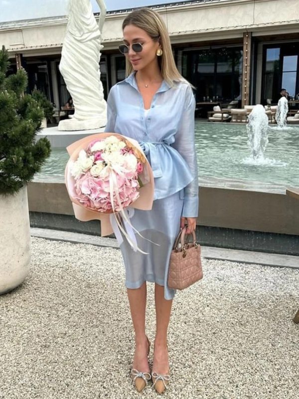 Elegant Long Sleeve Shirt With High Waist Midi Slit Skirt Two Piece Set