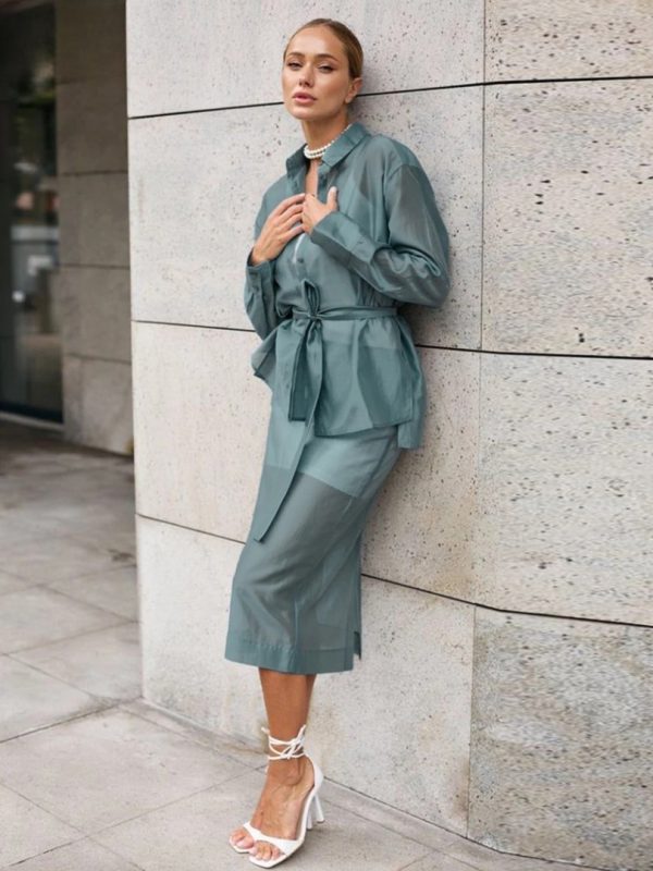 Elegant Long Sleeve Shirt With High Waist Midi Slit Skirt Two Piece Set - Image 6