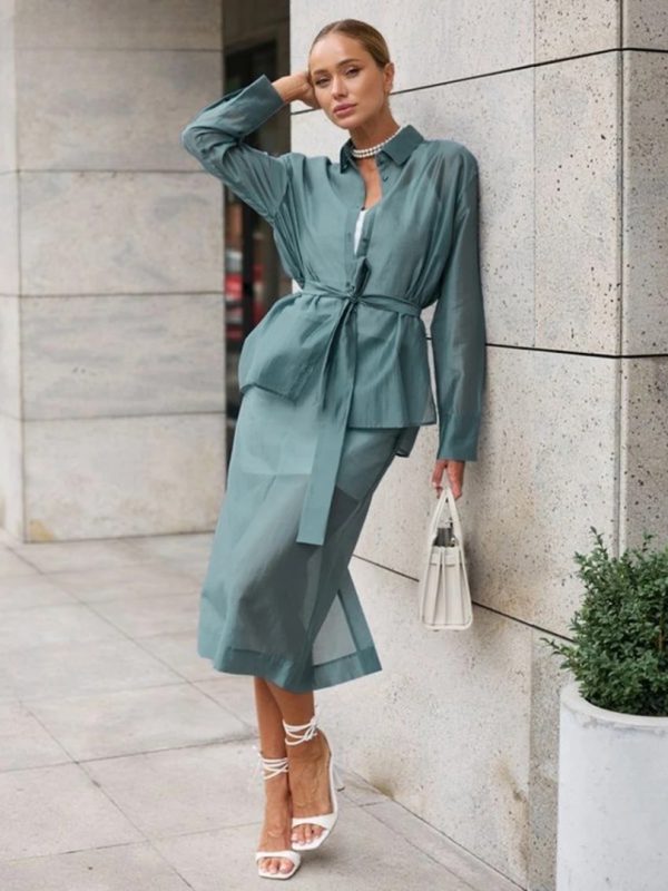 Elegant Long Sleeve Shirt With High Waist Midi Slit Skirt Two Piece Set - Image 5