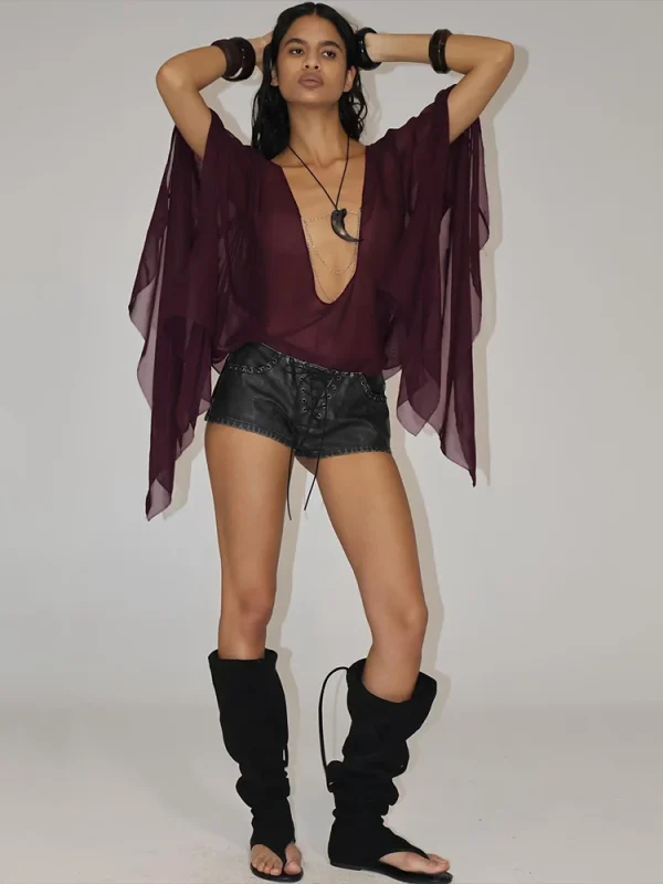 Elegant Mesh See Through Deep V-Neck Full Sleeve Irregular Ruffles Tassel Top - Image 8