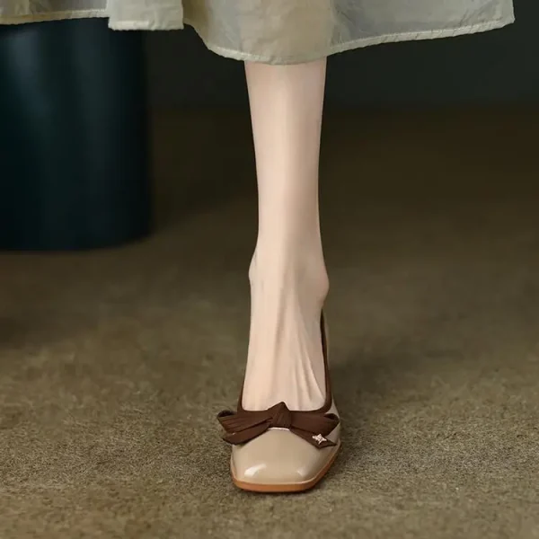 Elegant Microfiber Retro Bowknot Square Toe Thin Heel Sandals - Image 3