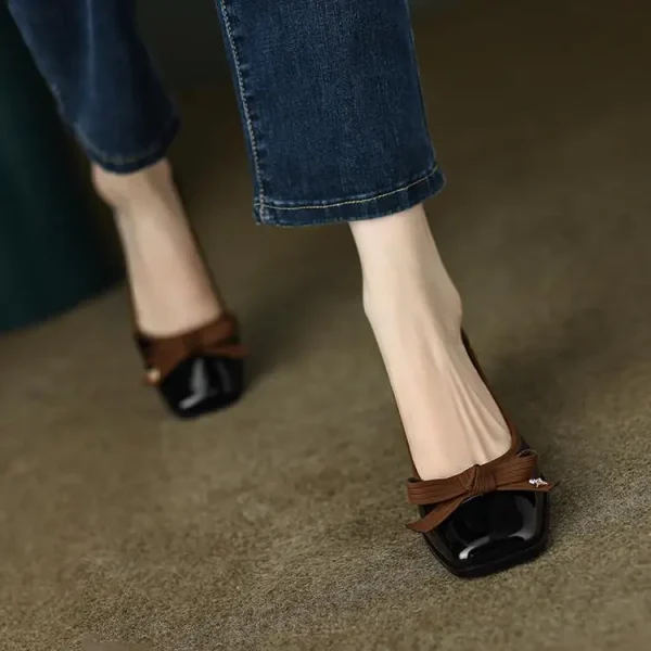 Elegant Microfiber Retro Bowknot Square Toe Thin Heel Sandals - Image 8