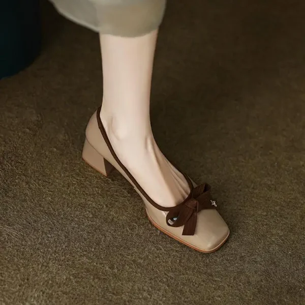 Elegant Microfiber Retro Bowknot Square Toe Thin Heel Sandals - Image 4