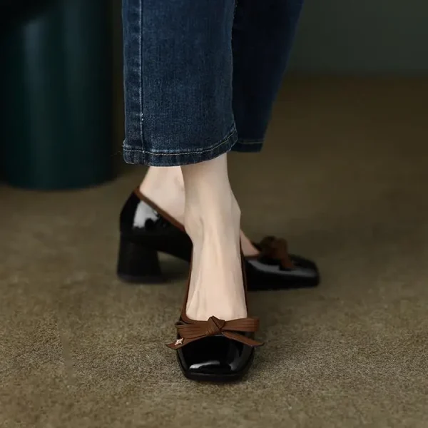 Elegant Microfiber Retro Bowknot Square Toe Thin Heel Sandals - Image 6