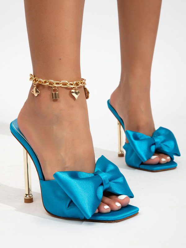 Elegant Polyurethane Mules Bows Stiletto Satin Upper High Heel Sandals