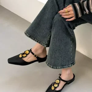 Elegant Mules Square Toe Designed Backless Slip On Flat Sandals