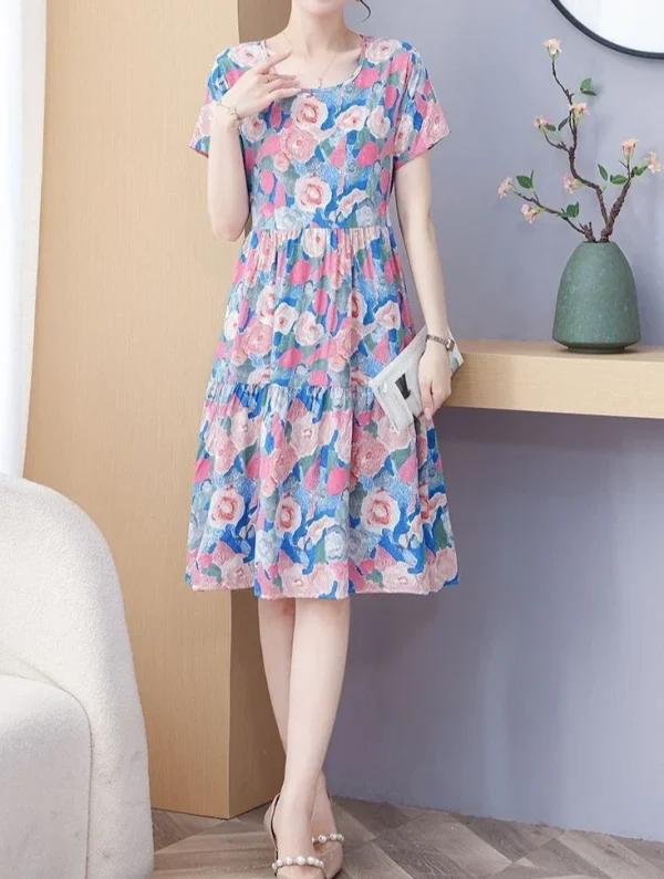 Elegant O-Neck A Line Cotton Beach Flower Floral Boho Dresses - Image 4
