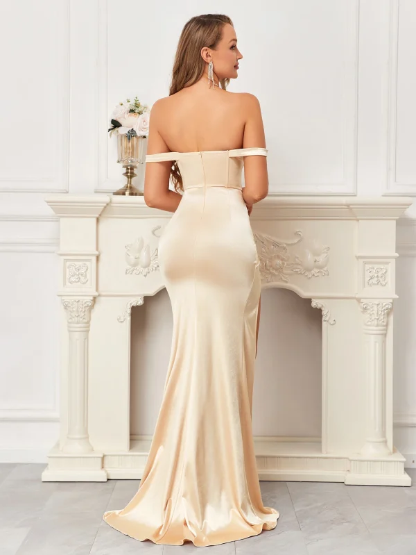 Elegant Off-Shoulder Mermaid V-Neck Corset Top With Sheer Mesh Satin Wedding Guest - Image 5