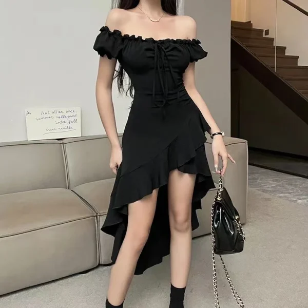 Elegant Off Shoulder Short Sleeves Ruffled Club Party A-LINE Midi Dress - Image 4