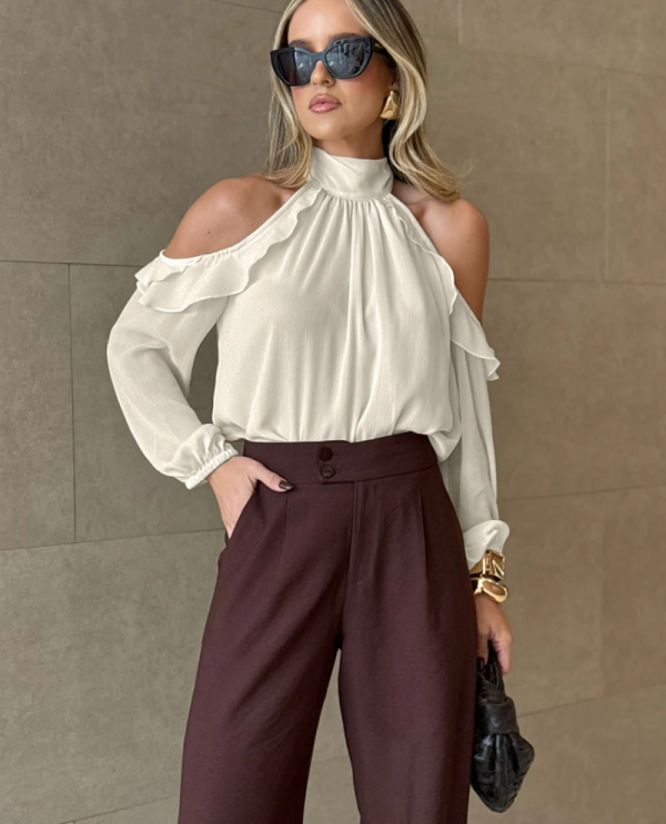 Elegant Off Shoulder Solid Fashion Turtleneck Long Sleeve Shirts Top - Image 3