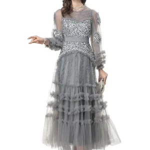 Elegant Patchwork Ruffle Edge Three-dimensional Sequin Mesh Evening Dresses