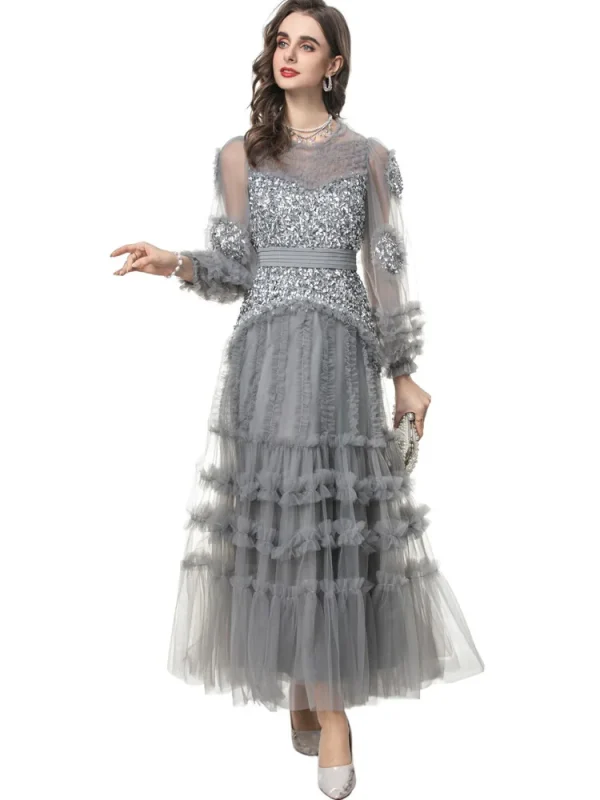 Elegant Patchwork Ruffle Edge Three-dimensional Sequin Mesh Evening Dresses
