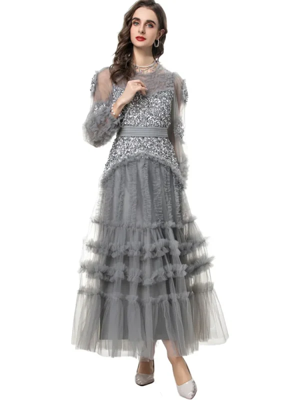 Elegant Patchwork Ruffle Edge Three-dimensional Sequin Mesh Evening Dresses - Image 2