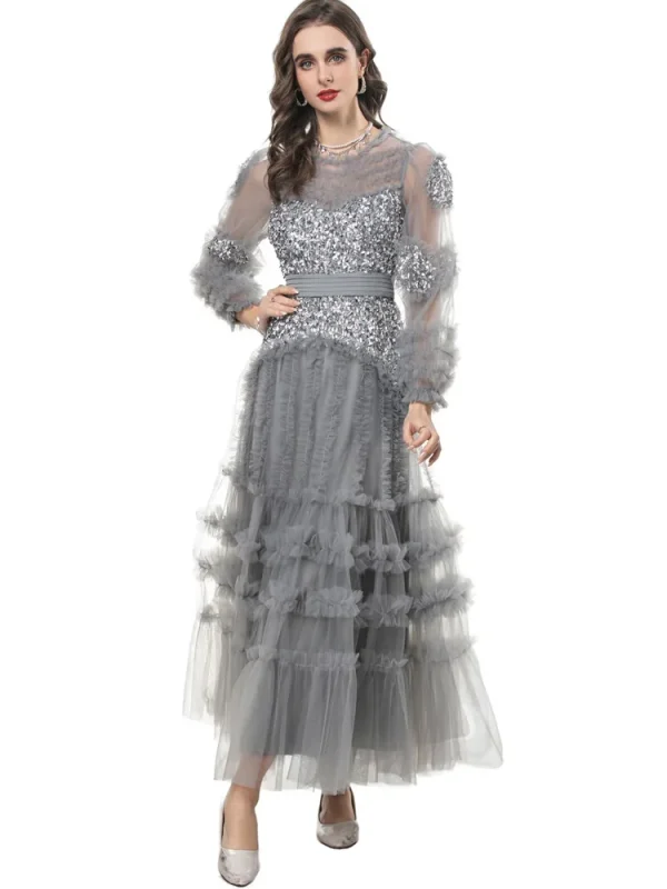 Elegant Patchwork Ruffle Edge Three-dimensional Sequin Mesh Evening Dresses - Image 3