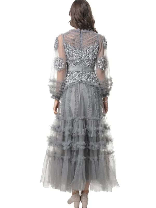 Elegant Patchwork Ruffle Edge Three-dimensional Sequin Mesh Evening Dresses - Image 4