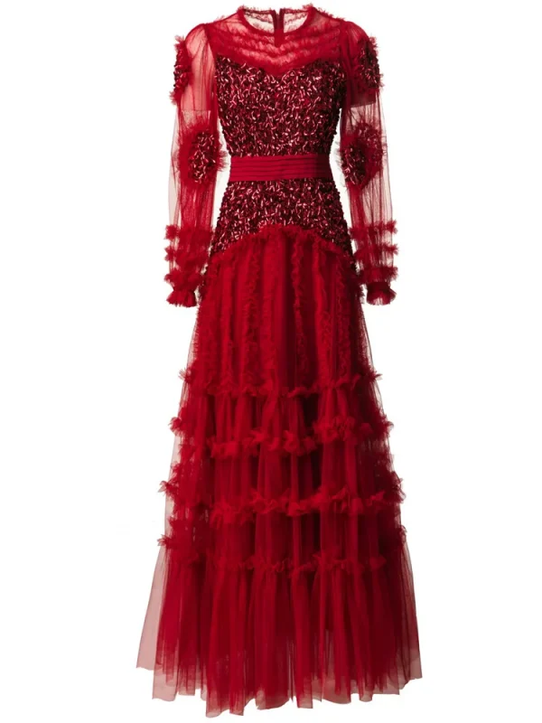 Elegant Patchwork Ruffle Edge Three-dimensional Sequin Mesh Evening Dresses - Image 5