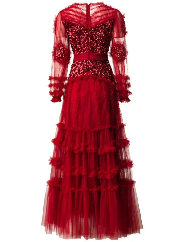 Elegant Patchwork Ruffle Edge Three-dimensional Sequin Mesh Evening Dresses - Image 6