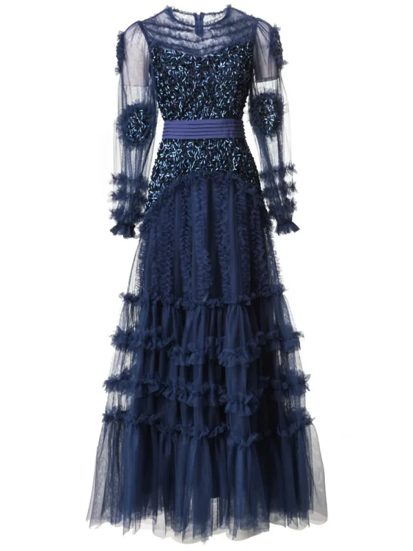 Elegant Patchwork Ruffle Edge Three-dimensional Sequin Mesh Evening Dresses - Image 7