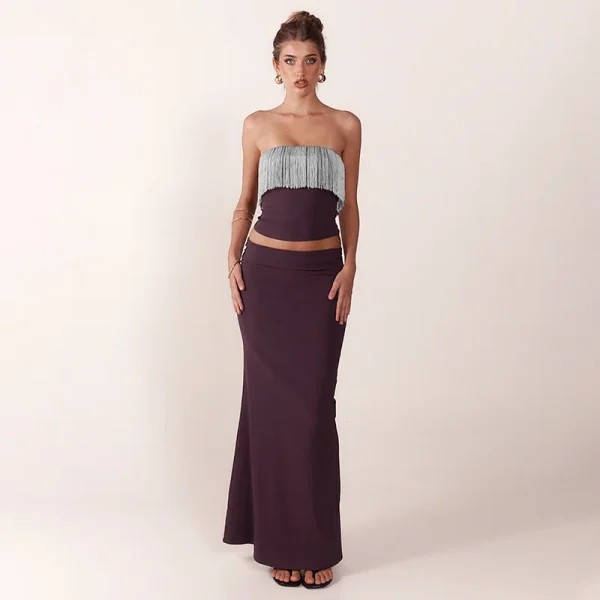 Elegant Patchwork Tassel Crop Top And Maxi Skirt Matching Set Strapless Two Piece Set