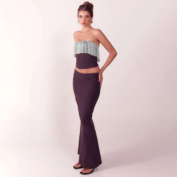 Elegant Patchwork Tassel Crop Top And Maxi Skirt Matching Set Strapless Two Piece Set - Image 2
