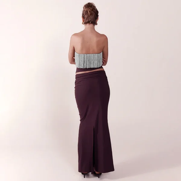 Elegant Patchwork Tassel Crop Top And Maxi Skirt Matching Set Strapless Two Piece Set - Image 3