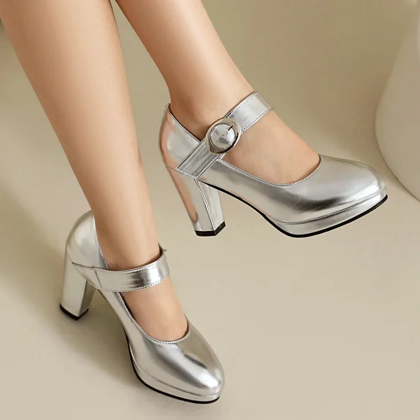 Elegant Patent Leather Platform Buckle Strap Wedding Party High Heel Pumps - Image 6