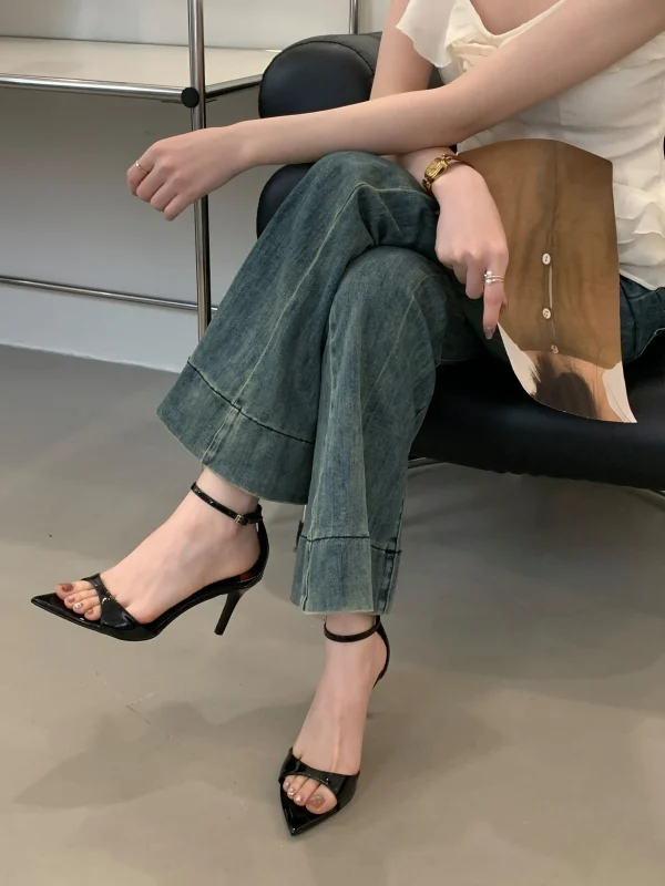 Elegant Pointed Toe Patent Leather Buckle Party High Heeled Sandals