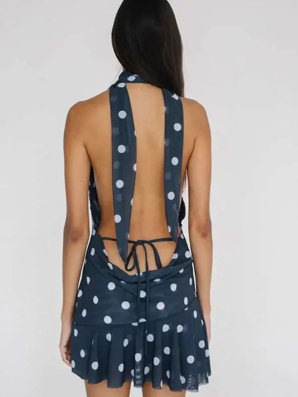 Elegant Print Polka Dot Backless Halter Deep V-neck Bandage Party Club Dress - Image 3