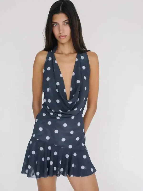 Elegant Print Polka Dot Backless Halter Deep V-neck Bandage Party Club Dress
