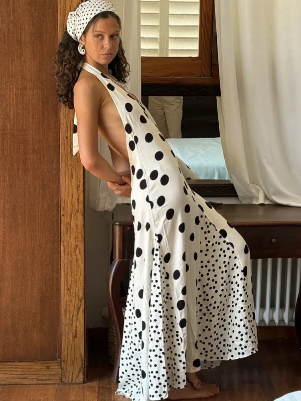 Elegant Print Polka Dot Halter Backless Evening Party Clubwear Maxi Dress - Image 2