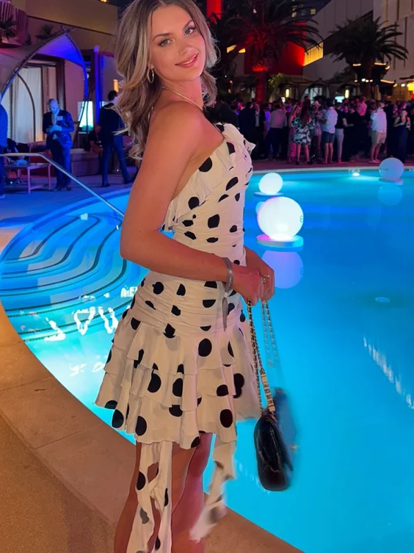 Elegant Print Polka Dot Halter Ruffles Backless High Waist Party Club Dress - Image 2