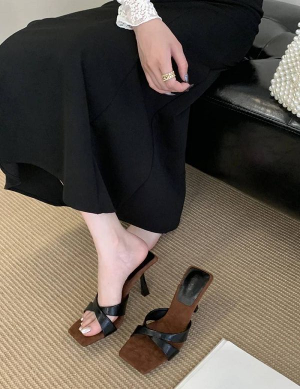 Elegant Retro Style Rubber Square Toe Slip On High Heel Sandals - Image 11