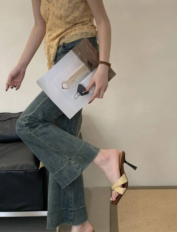 Elegant Retro Style Rubber Square Toe Slip On High Heel Sandals - Image 3