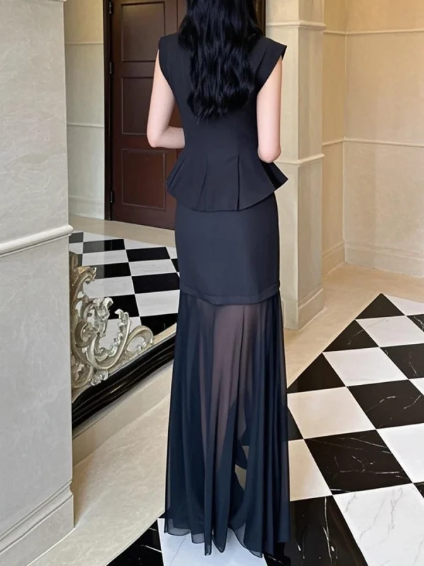Elegant Round Neck Sleeveless Top High Waist Sheer Skirt Two Piece Set - Image 3