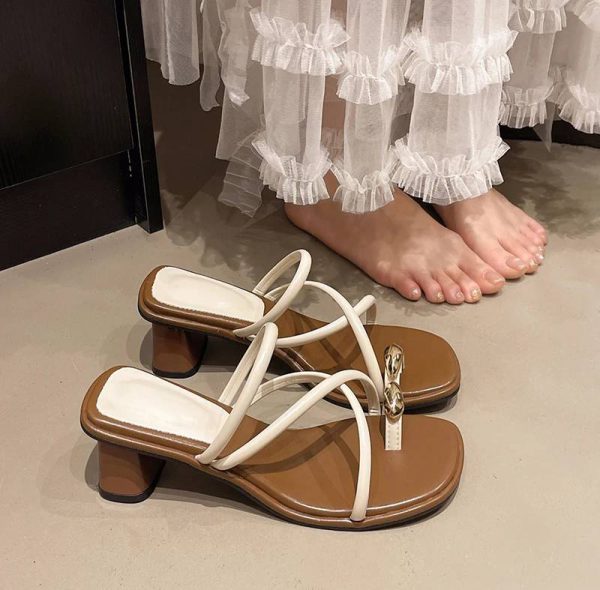 Elegant Rubber Metal Clip Toe Pull On Thick Square Heels Slide Sandal - Image 4