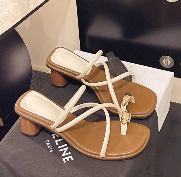 Elegant Rubber Metal Clip Toe Pull On Thick Square Heels Slide Sandal - Image 5