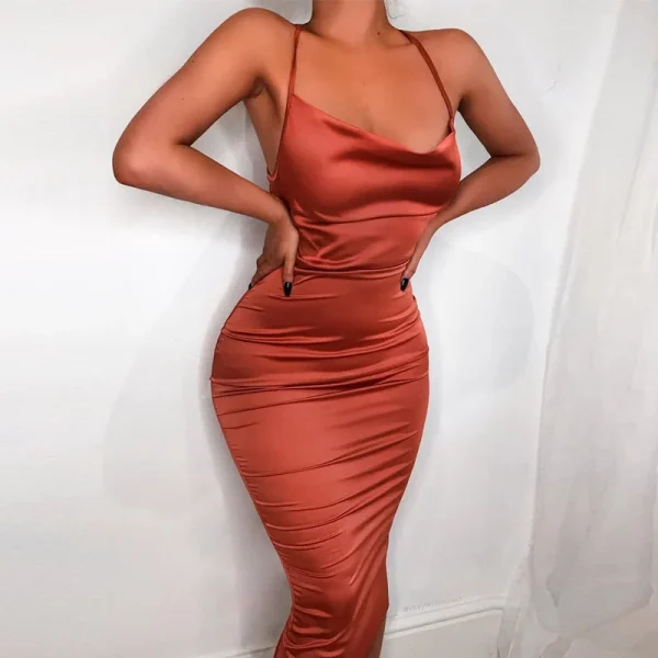 Elegant Satin Lace Up Backless Party Club Bodycon Long Midi Dress - Image 5