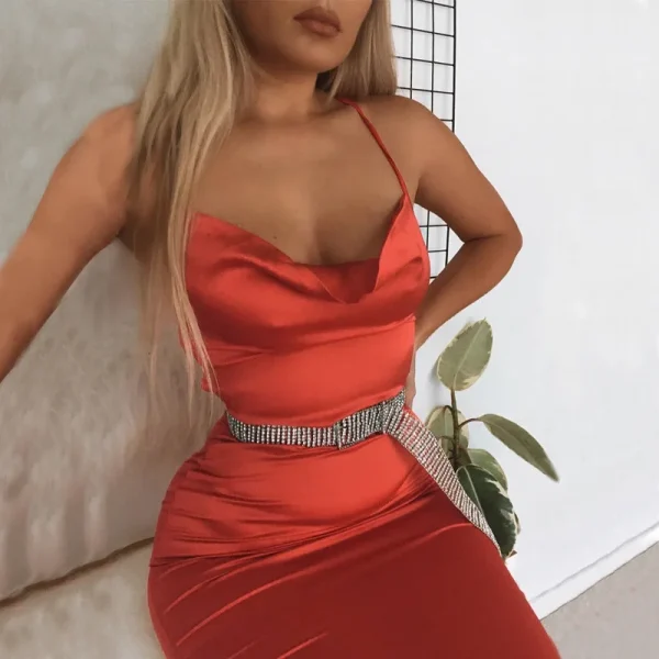 Elegant Satin Lace Up Backless Party Club Bodycon Long Midi Dress - Image 6