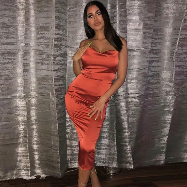 Elegant Satin Lace Up Backless Party Club Bodycon Long Midi Dress - Image 7