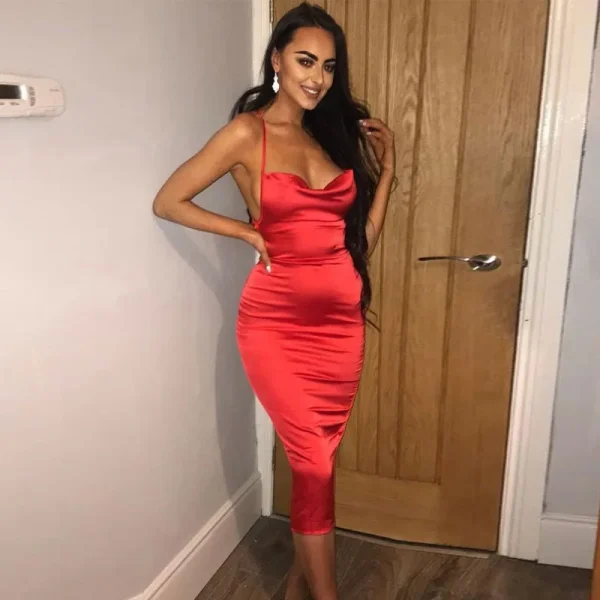 Elegant Satin Lace Up Backless Party Club Bodycon Long Midi Dress - Image 8