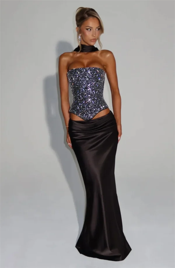 Elegant Sequins Sparkle Scarf Collar Crop Tops And Maxi Skirt Club Party Satin Skirt Matching Set - Image 8