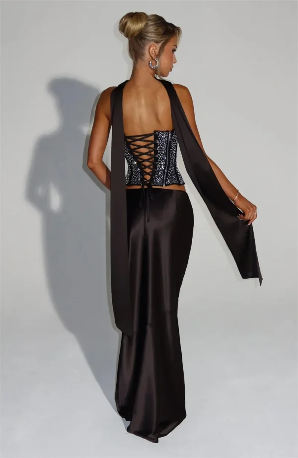 Elegant Sequins Sparkle Scarf Collar Crop Tops And Maxi Skirt Club Party Satin Skirt Matching Set - Image 14