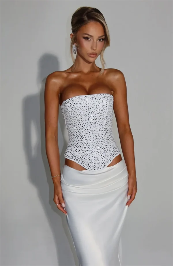 Elegant Sequins Sparkle Scarf Collar Crop Tops And Maxi Skirt Club Party Satin Skirt Matching Set - Image 3