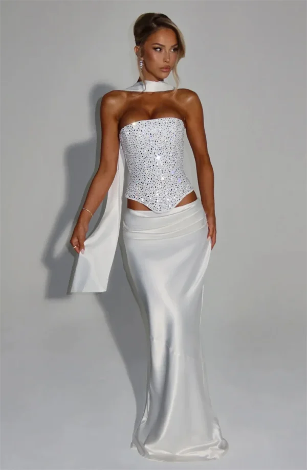 Elegant Sequins Sparkle Scarf Collar Crop Tops And Maxi Skirt Club Party Satin Skirt Matching Set - Image 2