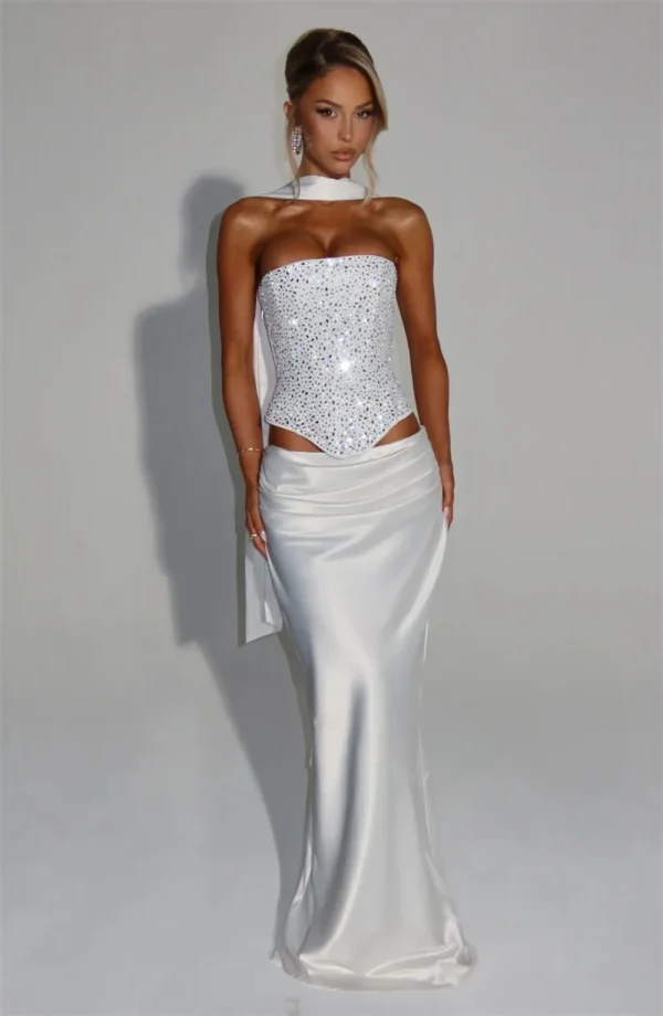 Elegant Sequins Sparkle Scarf Collar Crop Tops And Maxi Skirt Club Party Satin Skirt Matching Set