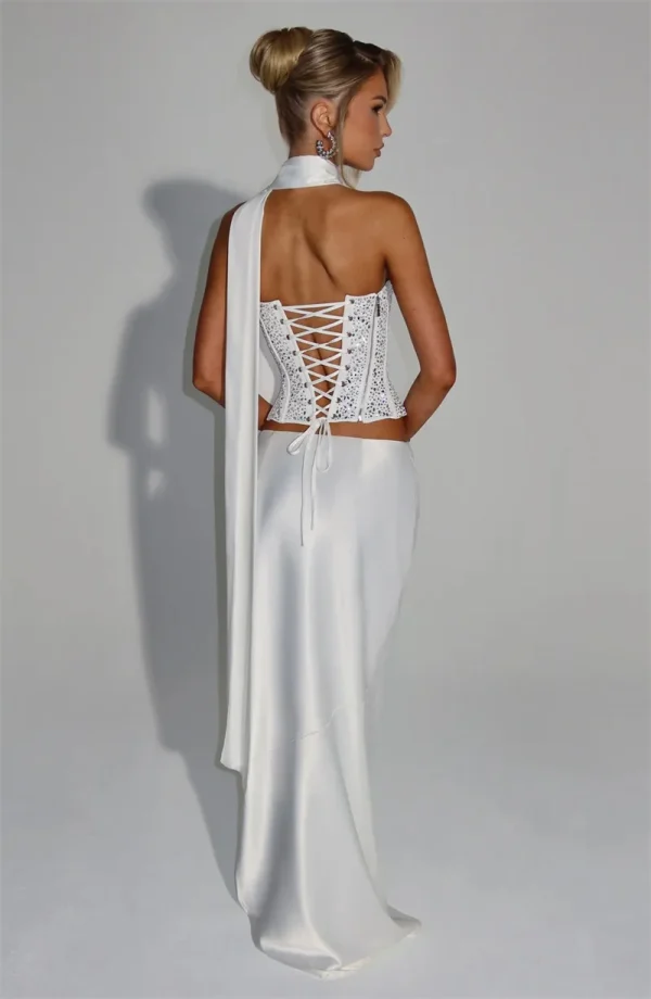 Elegant Sequins Sparkle Scarf Collar Crop Tops And Maxi Skirt Club Party Satin Skirt Matching Set - Image 5
