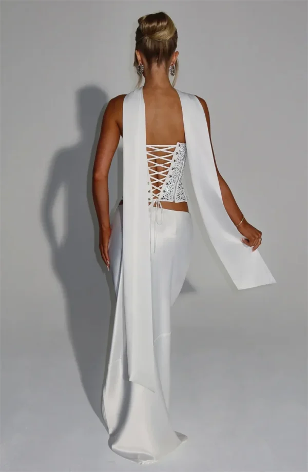 Elegant Sequins Sparkle Scarf Collar Crop Tops And Maxi Skirt Club Party Satin Skirt Matching Set - Image 6