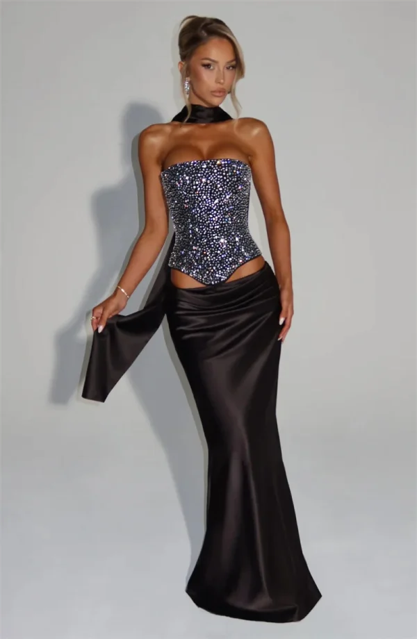 Elegant Sequins Sparkle Scarf Collar Crop Tops And Maxi Skirt Club Party Satin Skirt Matching Set - Image 7